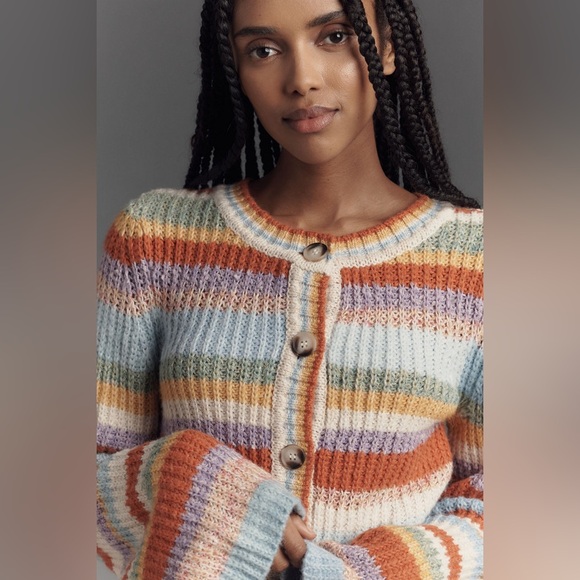 ✨ Anthropologie Ribbed Multi-Stripe Cardigan Sweater Sz M - Picture 2 of 7